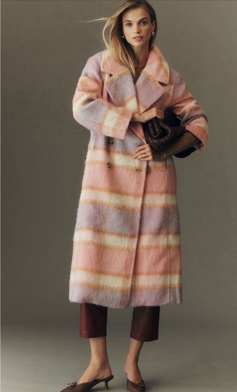 Anthropologie Maeve Long Coat Pink Plaid Wool Blend Preppy Cozy Retro XXSP NWT